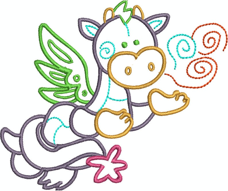 May include: A whimsical cartoon dragon illustration with a white body, outlined in purple, teal, and gold. The dragon has green wings, and is blowing red swirls. A pink star-shaped object is at the bottom.