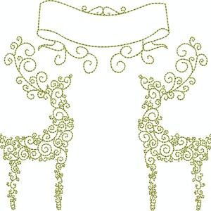以下が含まれることがあります： 複雑なオリーブグリーンの渦巻きと装飾で構成された2頭の対称的な鹿のシルエットと、端がカールした装飾的なバナーが組み合わされたデジタル刺繍デザイン。全体がスクロールワークのディテールで描かれています。