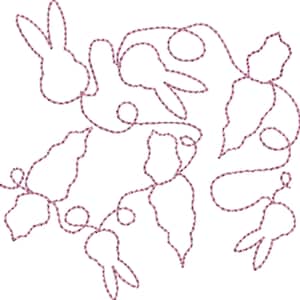 Könnte beinhalten: Eine rosa Umrandung eines Kaninchens und mehrere andere Formen, darunter Blätter und Karotten, sind in einem fantasievollen Design angeordnet.