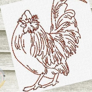 May include: A line drawing of a rooster with its tail feathers spread out. The rooster is brown and is facing the left side of the image.