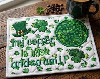 Diseño de bordado a máquina para tapete de taza de café irlandés con trébol (descarga digital)