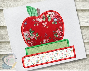 Apple on Books Applique Machine Embroidery Design