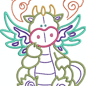 May include: A whimsical embroidered dragon design in shades of green, purple, teal, orange, and pink. The cartoon dragon has wings and is surrounded by orange cloud-like shapes. The dragon is sitting and has a friendly expression.