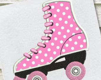 May include: A pink roller skate with white polka dots, featuring a black base and four pink wheels with silver centers. The skate has pink laces and a pink toe stop, rendered in a stitched embroidery style on a plain white background.