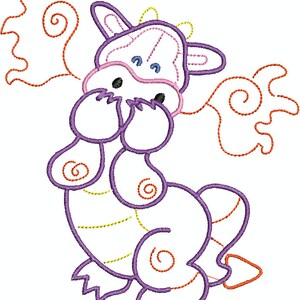 May include: A whimsical embroidered dragon design in purple, white, pink, and orange. The dragon has large eyes, a friendly expression, and decorative swirls. This design is suitable for various craft projects, such as apparel or home decor.