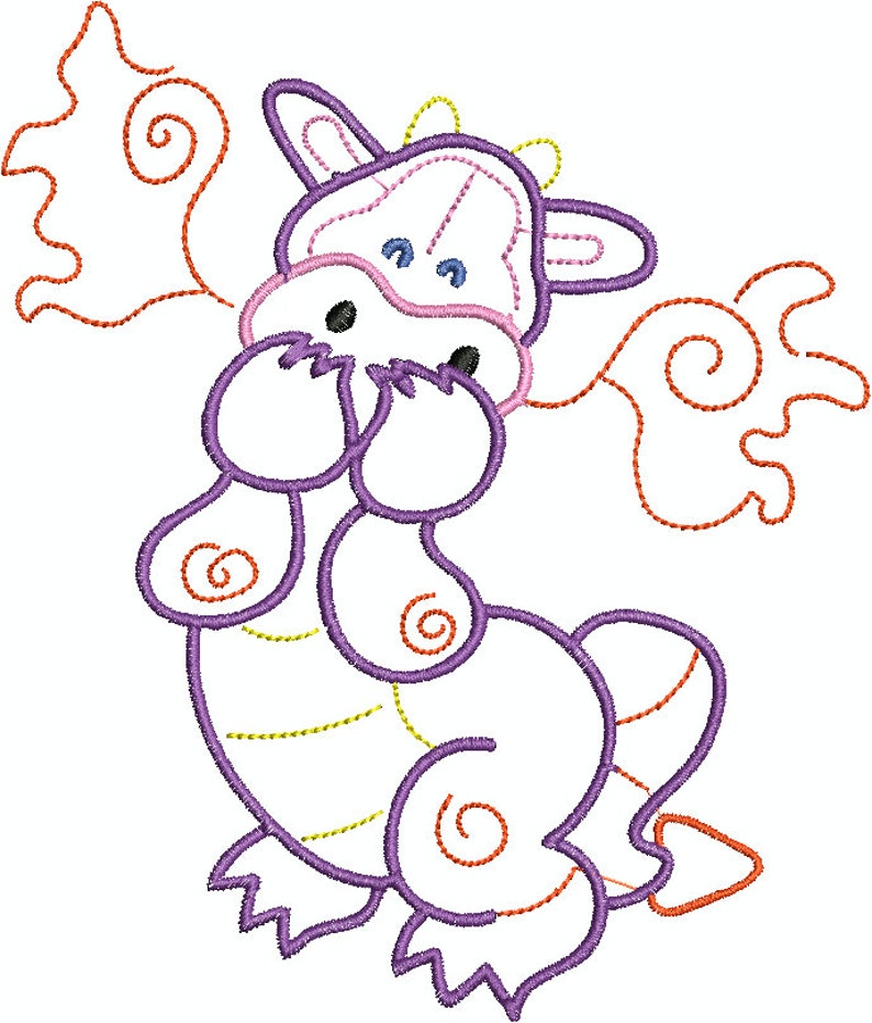 May include: A whimsical embroidered dragon design in purple, white, pink, and orange. The dragon has large eyes, a friendly expression, and decorative swirls. This design is suitable for various craft projects, such as apparel or home decor.