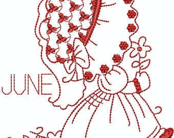Sunbonnet Calendar Redwork Machine Embroidery Design Set