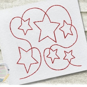 May include: Red thread embroidery design with multiple stars. The stars are outlined in red thread and are arranged in a random pattern.