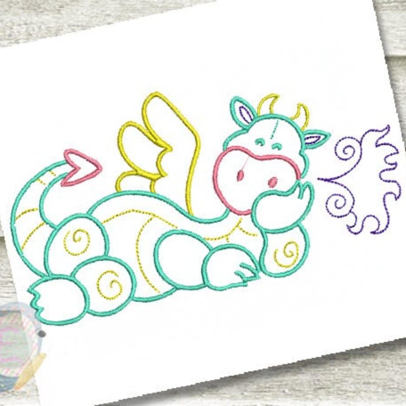 May include: An embroidered design of a friendly dragon in shades of white, teal, yellow, pink, and gold. The dragon is blowing out a puff of purple swirls. The design is on a white background.