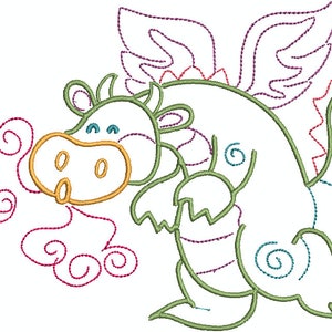 May include: An embroidered cartoon dragon design. The dragon is green with a yellow snout, blue eyes, and purple wings. It is exhaling a cloud of pink smoke. The design is outlined with a series of stitches.