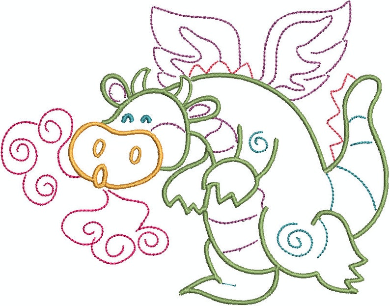 May include: An embroidered cartoon dragon design. The dragon is green with a yellow snout, blue eyes, and purple wings. It is exhaling a cloud of pink smoke. The design is outlined with a series of stitches.