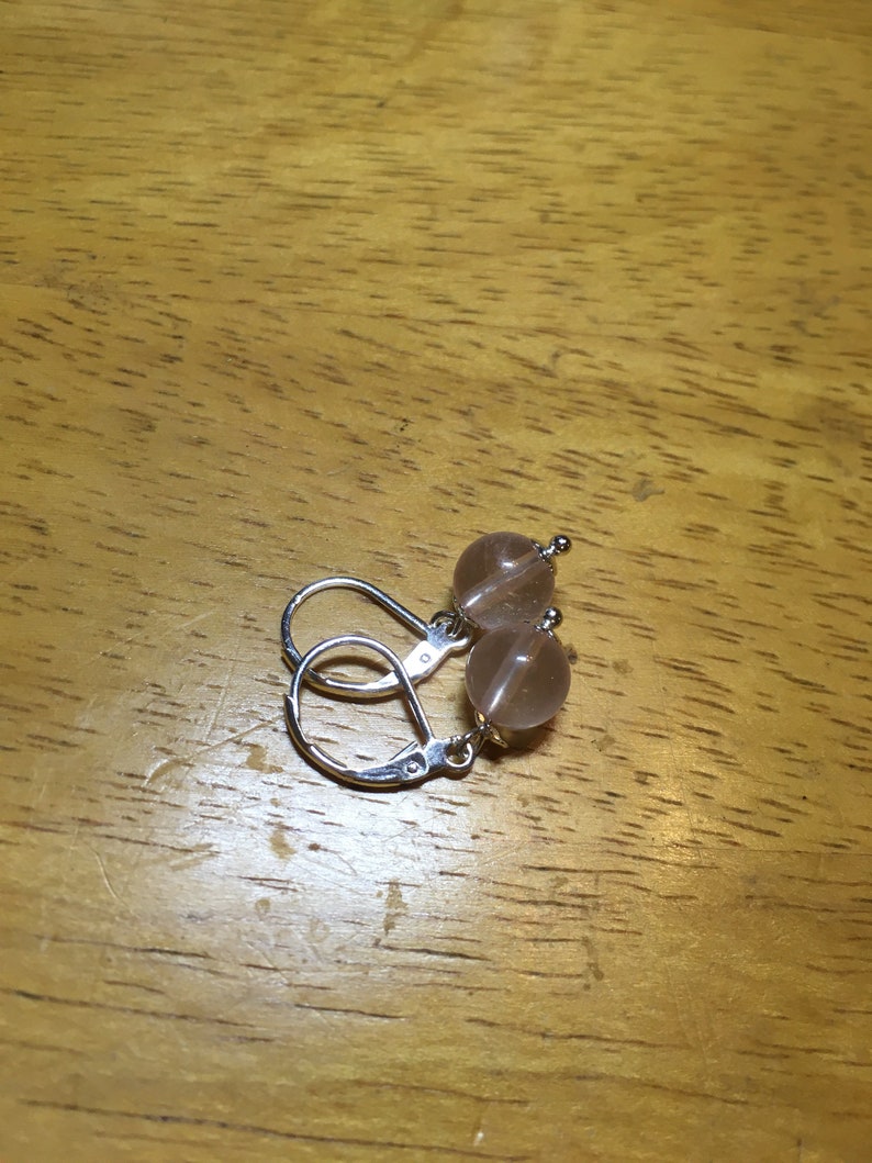 Natural Round 8mm Rose quartz Earrings With Sterling silver Lever Back
