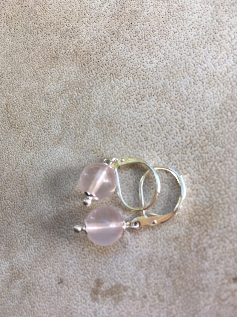 Natural Round 8mm Rose quartz Earrings With Sterling silver Lever Back