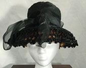 Vintage 1960s Christian Dior Chapeaux Black Horsehair Wide Brimmed Hat