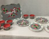 Vintage 1950s Ohio Art Company Tin Litho Rosy Cockatoo Hawaiian Flowers Child Size Toy Tea Set 31 pieces