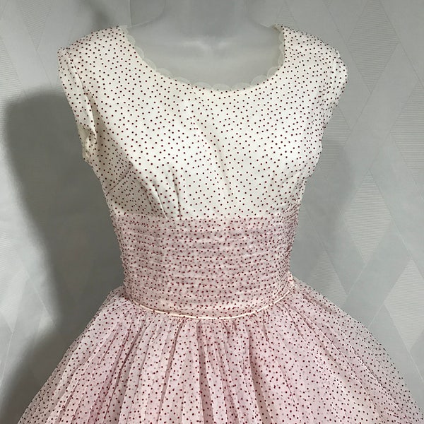 Vintage 1950s Prom Cupcake Dress Red and White Swiss Dot Organza Sleeveless Gown with Pleated Waist Size XXS