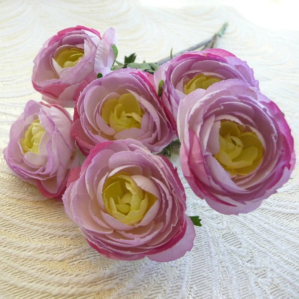 Vintage Ranunculus Flowers Bunch of 6 Lavender Pink Ombre NOS Millinery from Germany for Weddings, Hair Pins, Hats, Crowns, Crafts 3FV0110PL
