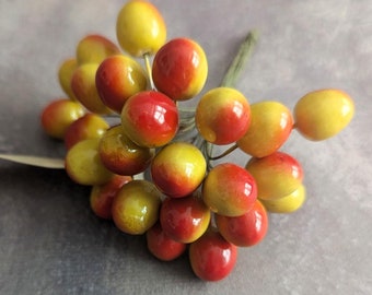 Vintage Cherries 24 Millinery Fruit Decoration Bunch of NOS Germany Red Yellow Ripening Berries Spun Cotton for Hats Crafts Garnish F9B