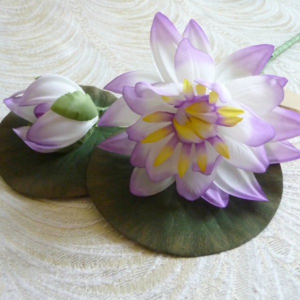 Vintage Millinery Water Lily Flowers and Leaves Lavender Purple Yellow Blossoms for Hats, Fascinators, Hair Clips, Crafts 4FV0162L