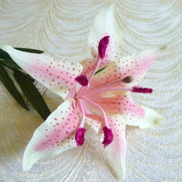 Vintage Stargazer Lily NOS Millinery Flower from Germany for Hats Crowns Weddings Tropical Florals Pink Cream