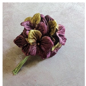 Small Ombre Velvet Blossom Bunch of 10 Plum Purple Olive Green Millinery Flowers for Hats, Crafts, Corsage, Costumes