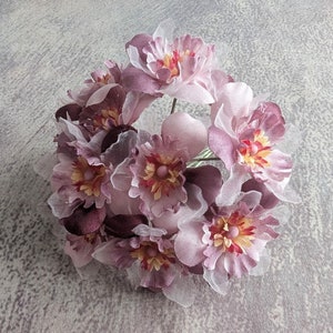Delicate Blossoms 10 Small Millinery Flowers Lavender Plum Shaded High Quality Handmade Satin and Organdy for Hats Floral Crowns Crafts