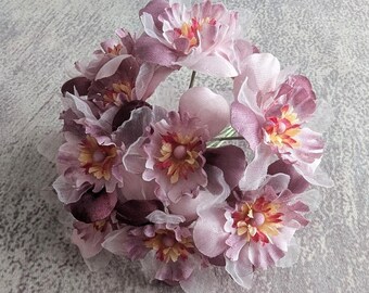 Delicate Blossoms 10 Small Millinery Flowers Lavender Plum Shaded High Quality Handmade Satin and Organdy for Hats Floral Crowns Crafts