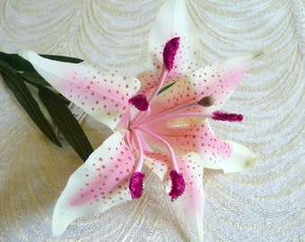 Vintage Stargazer Lily NOS Millinery Flower from Germany for Hats Crowns Weddings Tropical Florals Pink Cream