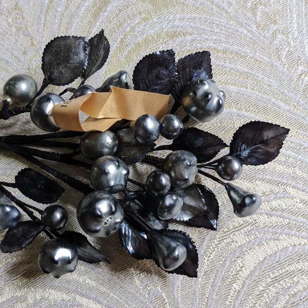 Vintage Millinery Cherries Berries Gunmetal Gray Silver Pearl Spray with Leaves NOS Germany Fruit for Hats Costumes Flower Crowns Crafts