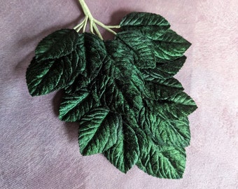 Dark Green Velvet Leaves Millinery Beautiful Spray of 18 Larger Size for Hats Scrapbooking, Fascinators Crafts
