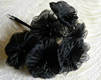 Black Millinery Flowers Organdy Poppies Yo Yo Bunch of 6 for Hats, Fascinators, Crafts, Costumes 2FN0037BK