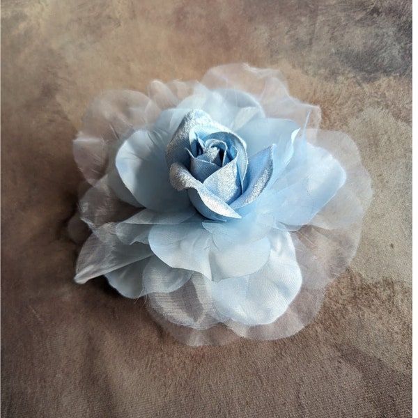 7.5" Light Blue Rose Satin Organdy Velvet Millinery Flower with Pin for Hats Gowns Sashes Fascinators