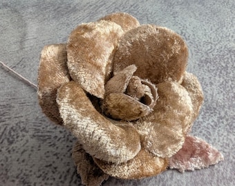 2.5" Small Velvet Rose Flower and Leaves in Sand Beige for Hats, Corsages, Brooch, Bouquets 4FN0101