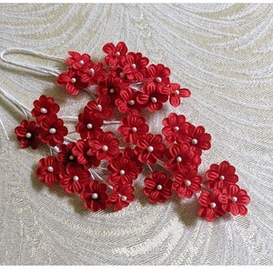 Vintage Red Forget Me Nots Satin Fabric Tiny Millinery Three Small Sprays for Hats Crafts Dolls Head Bands Flower Crowns