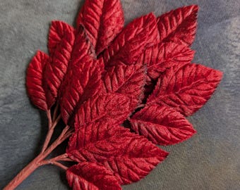 Velvet Millinery Leaves Deep Red Shaded Beautiful Spray of 18 for Hats Scrapbooking, Fascinators, Crafts 7LN0003R1