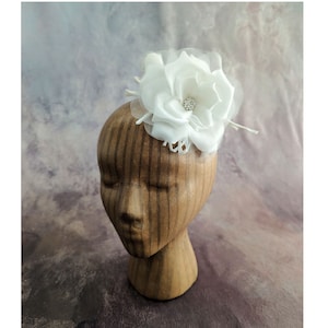 ON SALE 5&quot; Solid White Silk Satin Millinery Rose and Bud with Tubing Stems and Leaves Vintage NOS for Hats Brooch Wedding Gowns Sash Corsage