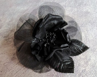 5" Black Silk Rose Ethereal Millinery Flower for Hats Fascinators 1FN0003B
