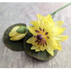 Vintage Millinery Water Lily Flowers and Leaves Yellow Blossoms for Hats, Fascinators, Hair Clips, Head Bands, Crafts 4FV0162Y