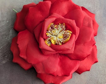 9 Inch Large Lipstick Red Rose Millinery Flower Silk and Satin Handmade for Hats Fascinators Gowns Costumes Not Ready to Wear