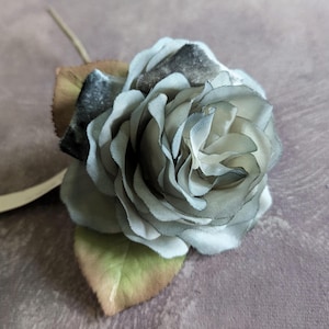 4&quot; Gray Shaded Satin and Velvet Rose Vintage Millinery Flower with Leaves from Europe for Hats Gowns Fascinators Unused NOS 4FV0174GR