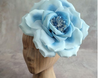 9 Inch Large Ombre Light Blue Rose Millinery Flower Silk and Satin Handmade for Hats Fascinators Gowns Costumes