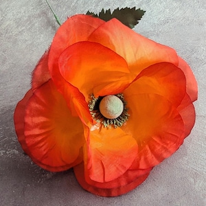 Big 5&quot; Vintage Poppy Orange Red Millinery Flower NOS Germany Large Blossom for Hats Bouquets Floral Arrangements Long Stem
