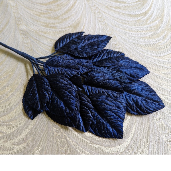 Midnight Navy Velvet Leaves Millinery Beautiful Spray of 18 Larger Size for Hats Scrapbooking, Fascinators Crafts