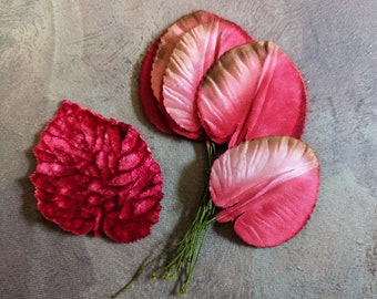 Vintage Leaves Red Pink Ombre Satin Fabric Fuchsia Red Velvet Lot of 13 for Millinery Crafts Scrapbooking