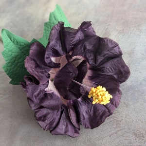 6&quot; Dark Purple Hibiscus Vintage Millinery Flower Double Silk NOS from Germany for Hats Tropical Floral Arrangements Handmade Long Stem