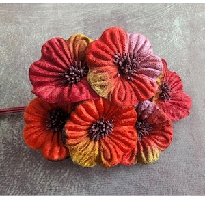 Velvet Millinery Flowers Red Plum Tan Ombre Shaded Poppies Yo Yo for Hats, Fascinators, Crafts 2FN0035OR2