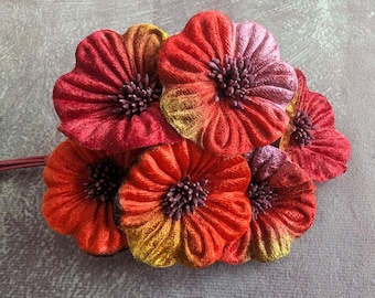 Velvet Millinery Flowers Red Plum Tan Ombre Shaded Poppies Yo Yo for Hats, Fascinators, Crafts 2FN0035OR2