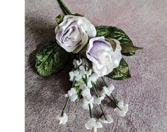 Velvet Roses White with Lavender Highlights Millinery Flowers with Leaves and Forget Me Nots Cluster for Hats Fascinators Corsages 3FN0074L