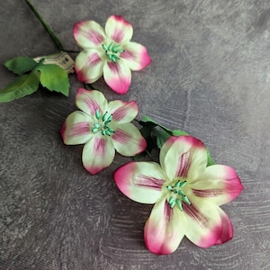 Vintage Silk Clematis Millinery Flowers Spray of 3 Cream Hot Pink with Leaves NOS For Hats Flower Crowns Hair Clips Crafts 4FV0204PR