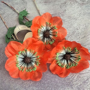 3&quot; Vintage Millinery Anemone Set of 3 Dark Orange Silk Flower NOS Germany for Hats Fascinators Crowns Crafts